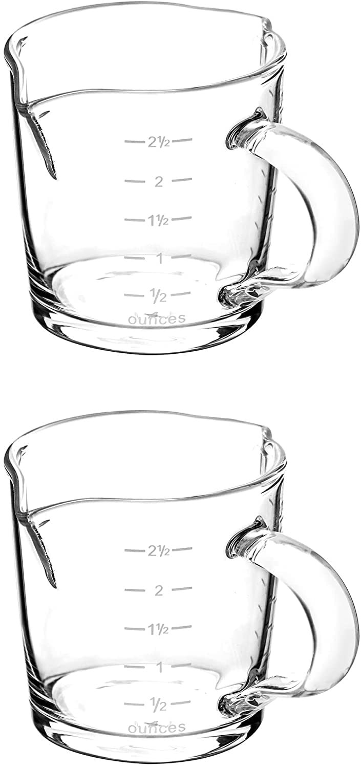Vaso de chupito espresso con asa, paquete de 2 tazas medidoras de vidrio de doble boquilla de 3 onzas, taza de leche triple con dos escalas (OZ y ML) 5