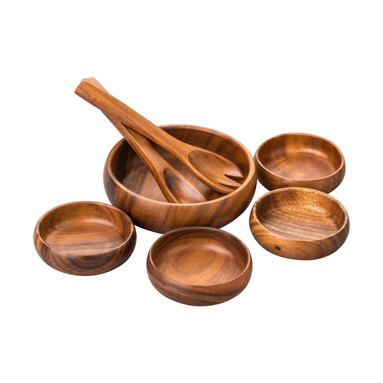 Premier 7pcs Acacia Wood Salad Bowl Set – Large Wooden Serving Bowl with 4 Small Bowls and Salad Servers