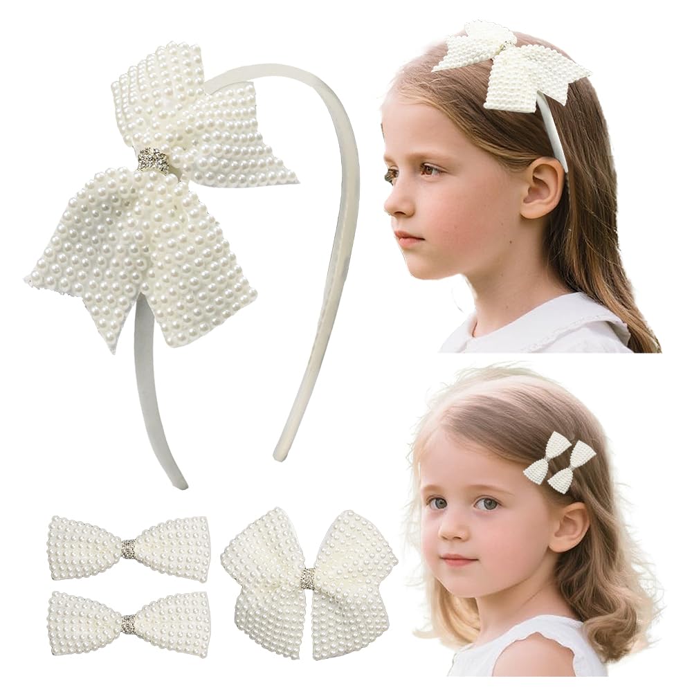 Set di fasce per capelli con perline e clip, accessori per capelli con strass, set regalo da 4 pezzi, per bambine e ragazze della scuola (serie perla)