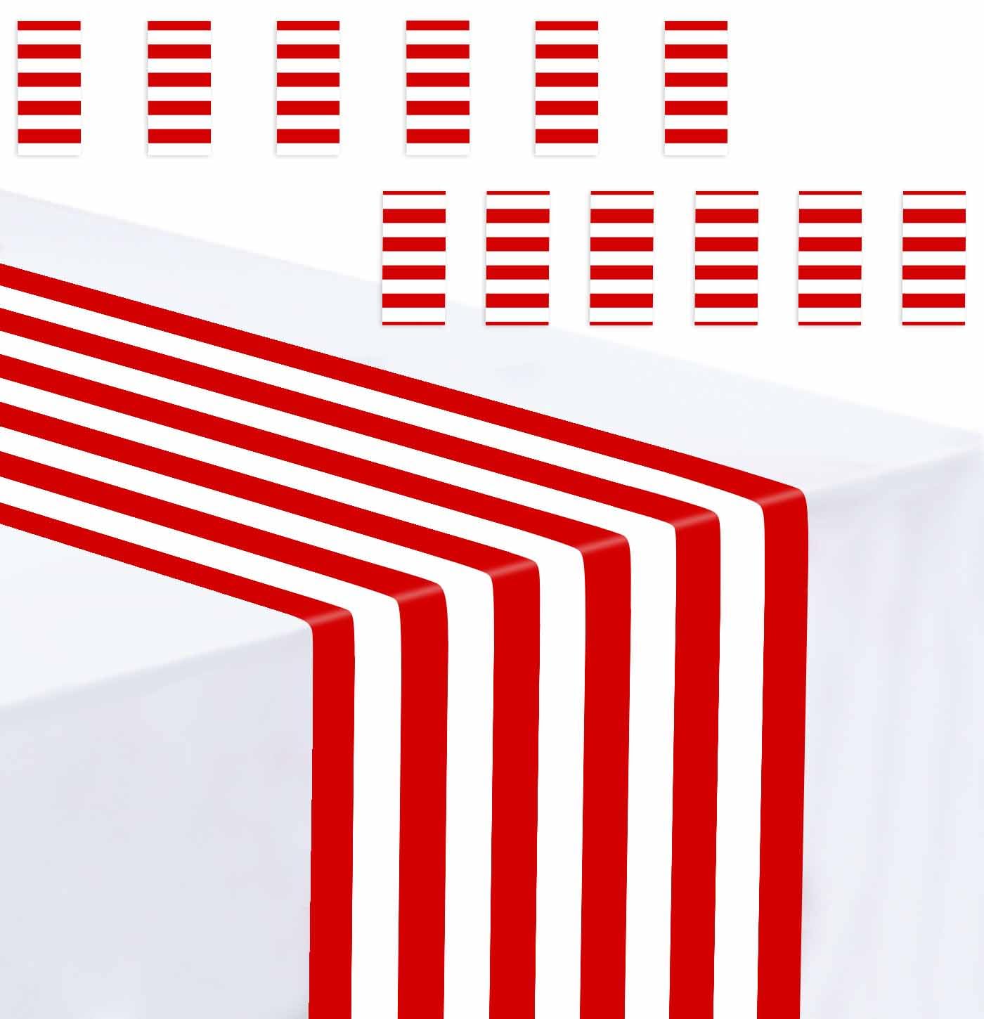 MUNILAIL 12 Pcs Striped Table Runner Plastic 14 x 108 Inch Red and White Stripe Table Runner for Party Wedding Birthday Baby Shower Christmas Table Centerpiece Decorations Disposable Runners Plastic