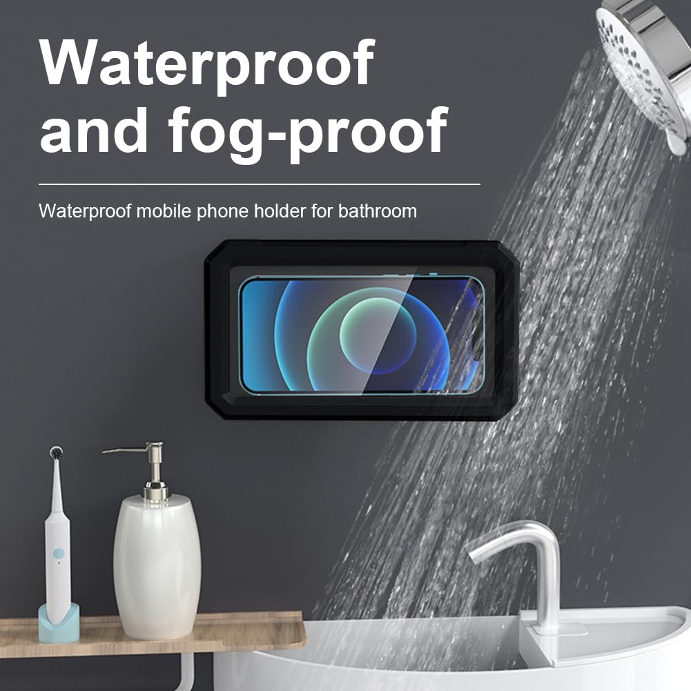 HOTUT Support de Téléphone de Douche Étanche, Étui Téléphone Mural Rotation à 360°, Support Universel pour Douche Salle de Bain Cuisine pour Moins 7" Phone, Écran Tactile Haute Définition - Noir