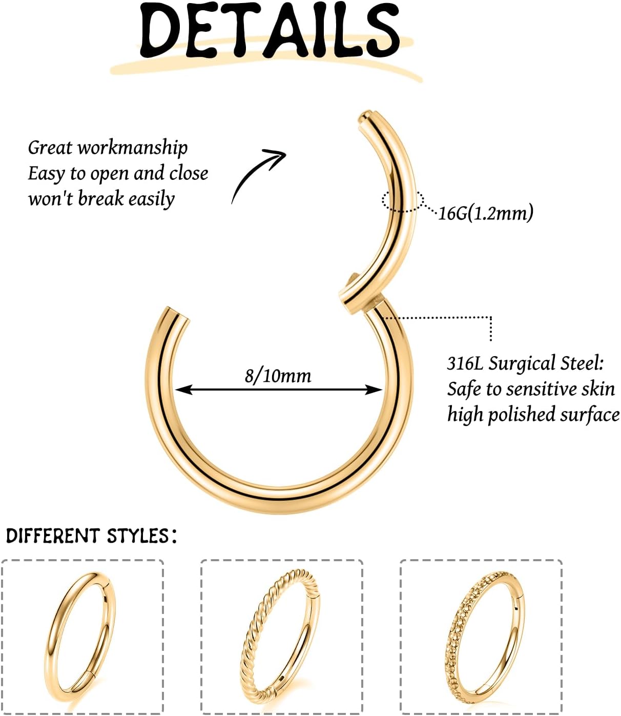 FUNLMO 3Pcs Nose Rings 316L Surgical Steel Septum Rings Tragus Helix Conch Rook Daith Piercing Jewelry Cartilage Earring Lip Rings for Women Men - Image 2