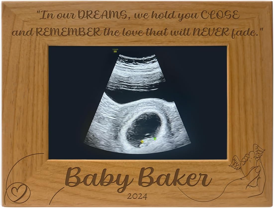 PlaqueMaker Customized Miscarriage Memorial Frame, In Our Dreams We Hold You Close, Red Alder Wood, Holds 6 x 4 Photo