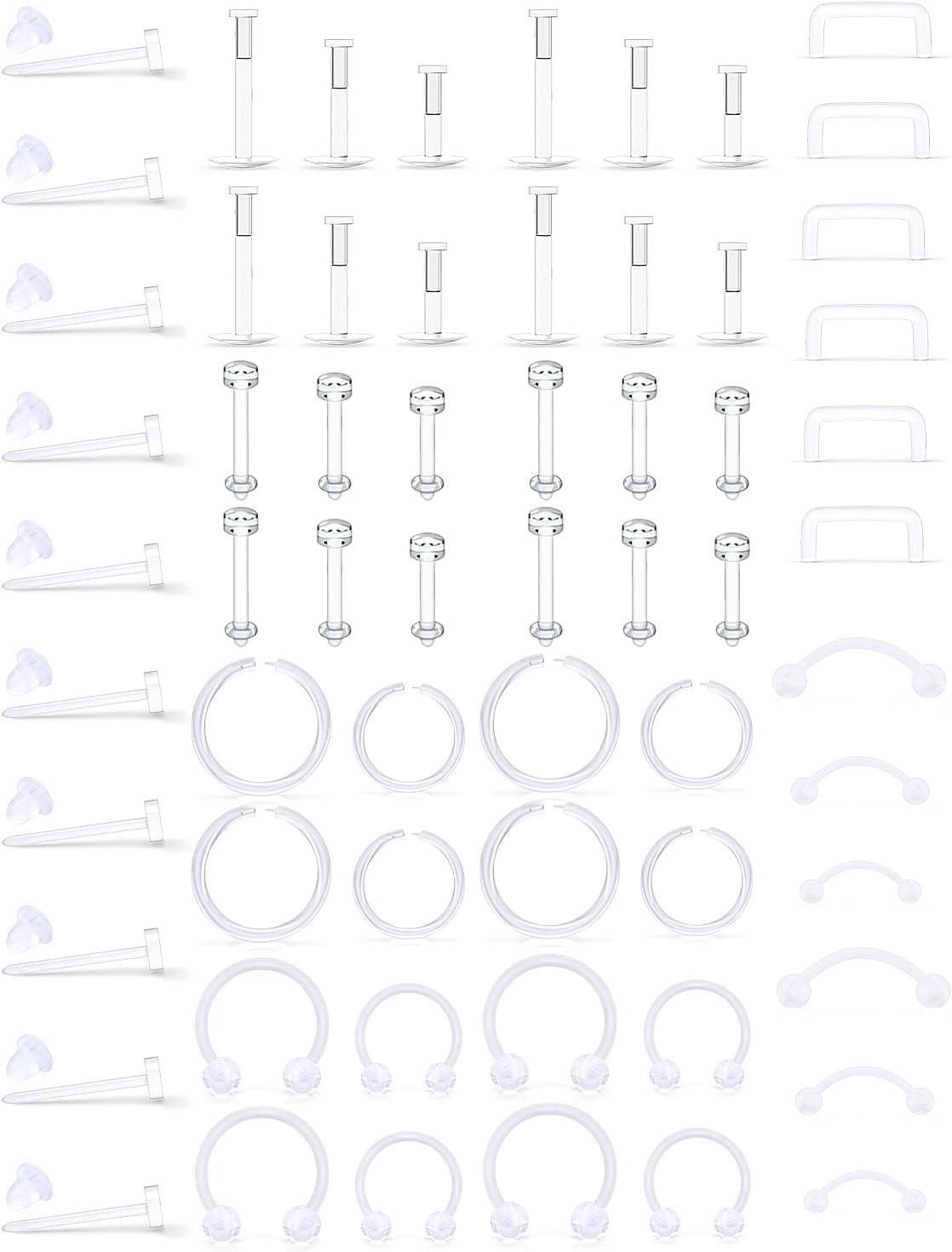 Lcolyoli Mix Set Clear Piercing Retainers Flexible Lip Rings Ear Cartilage Rook Daith Conch Tragus Earrings Plastic Helix Piercing Jewelry for Work Sports Women Men