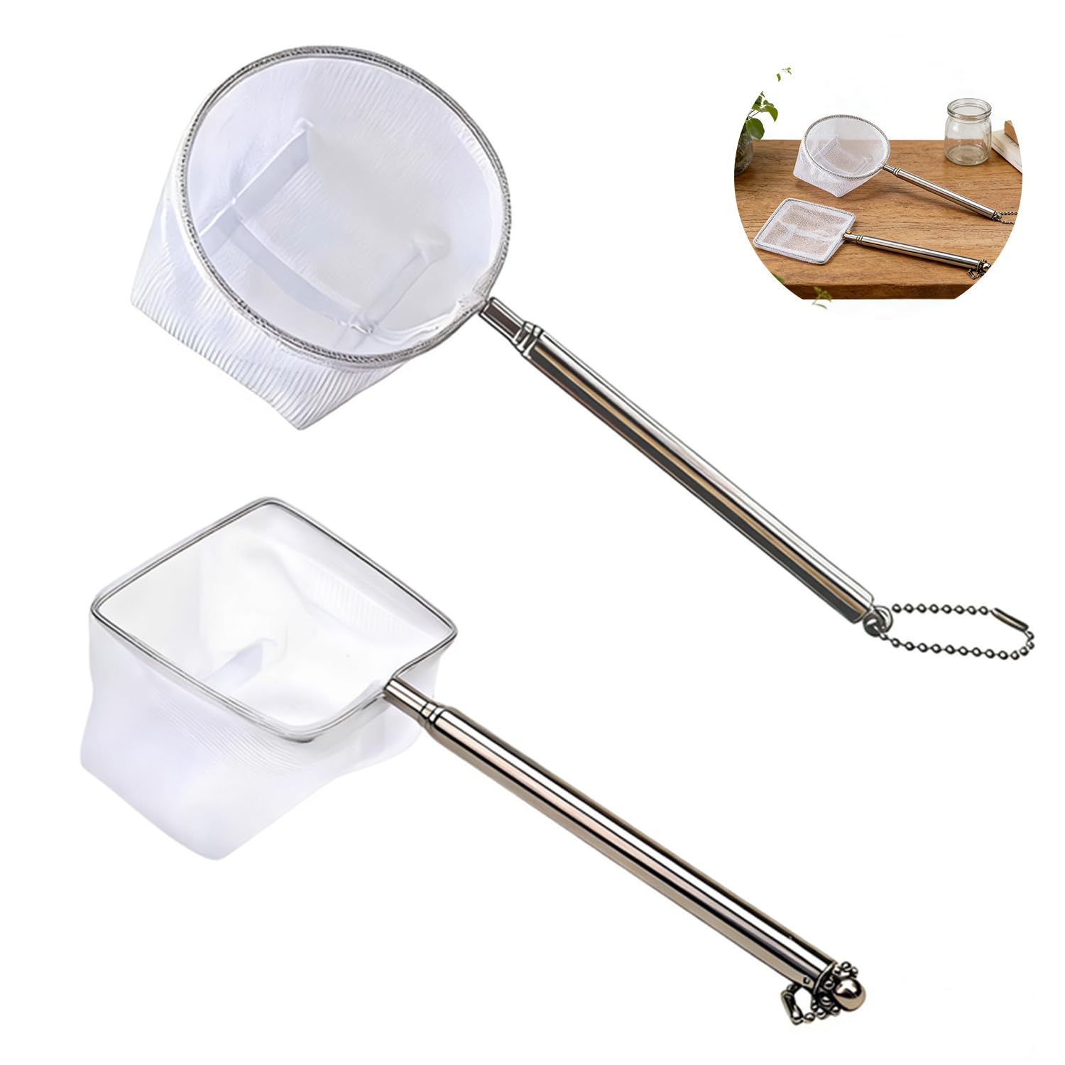2 Stück Aquarium Kescher Set, Feinmaschiges Fischnetz mit Ausziehbarem Edelstahlgriff, Weißes Quadratisches & Rundes Netz für Garnelen & Kleine Fische, Sicheres Aquarium Zubehör zur Reinigung