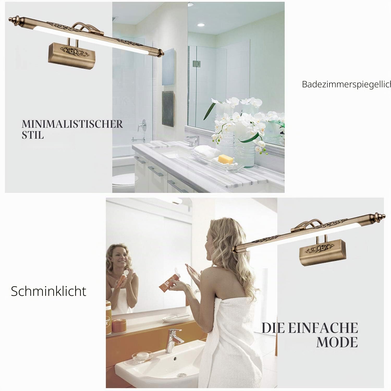 ACMHNC Vintage Spiegelleuchte Bad Mit Schalter,Golden Retro Spiegellampe Badezimmer Antikes Finish Badlampe Drehbar Spiegelschrank Schminklicht Spiegellicht IP44 Wandlampe Spiegel Beleuchtung,48cm/7w