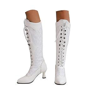 ZSpzx Women Vintage Knee High Boots Leather Lace Embroidery Lace up Combat Booties Kitten High Heel Pointed Toe