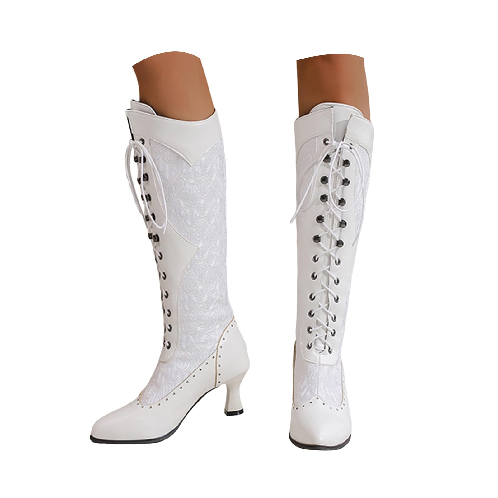 ZSpzx Women Vintage Knee High Boots Leather Lace Embroidery Lace up Combat Booties Kitten High Heel Pointed Toe