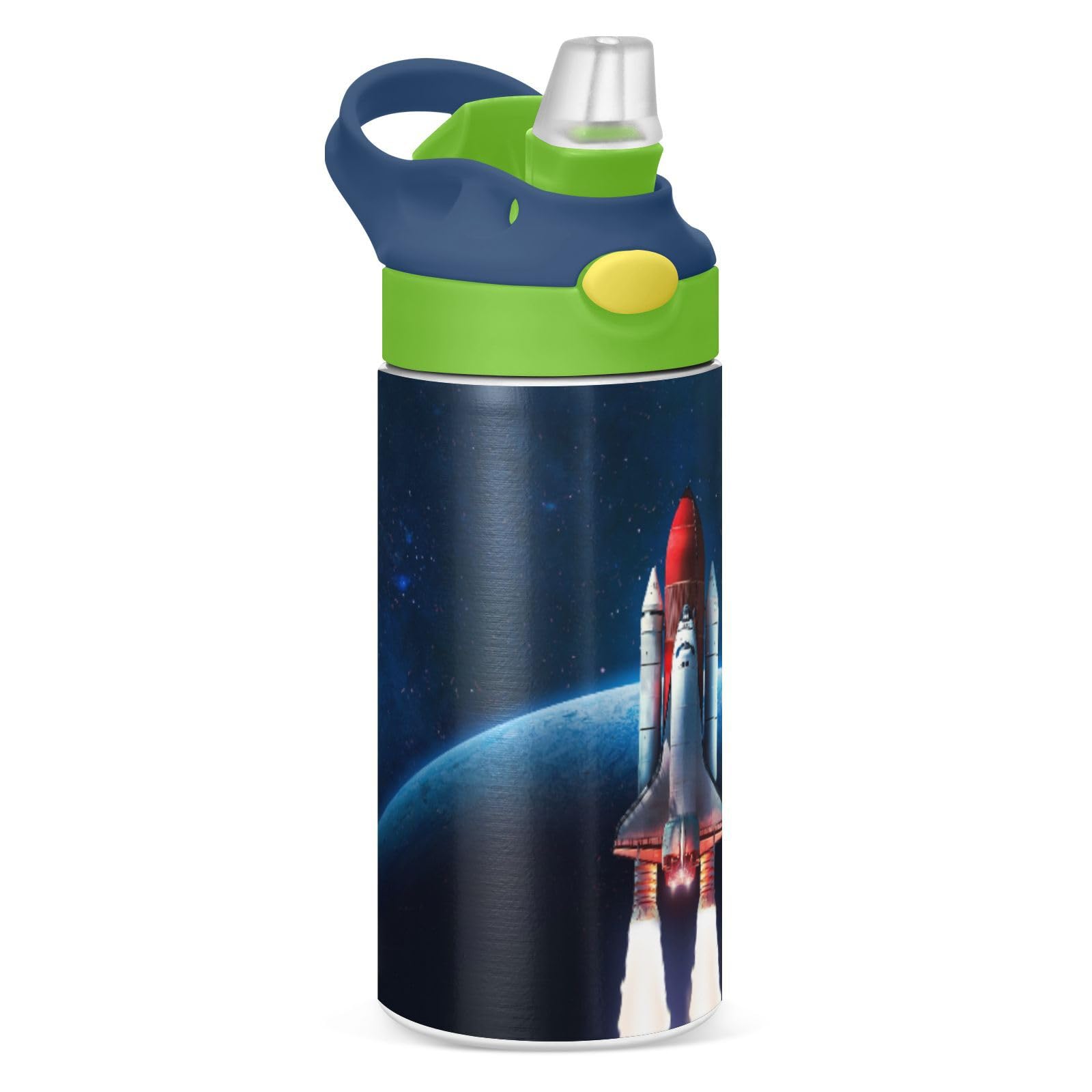 Mnsruu Rocket Ship Earth Space Kids Water Bottle with Straw Insulated Stainless Steel Drink Bottle for Boys Girls School 350ml Leakproof Vacuum Hot Cold Water Flask
