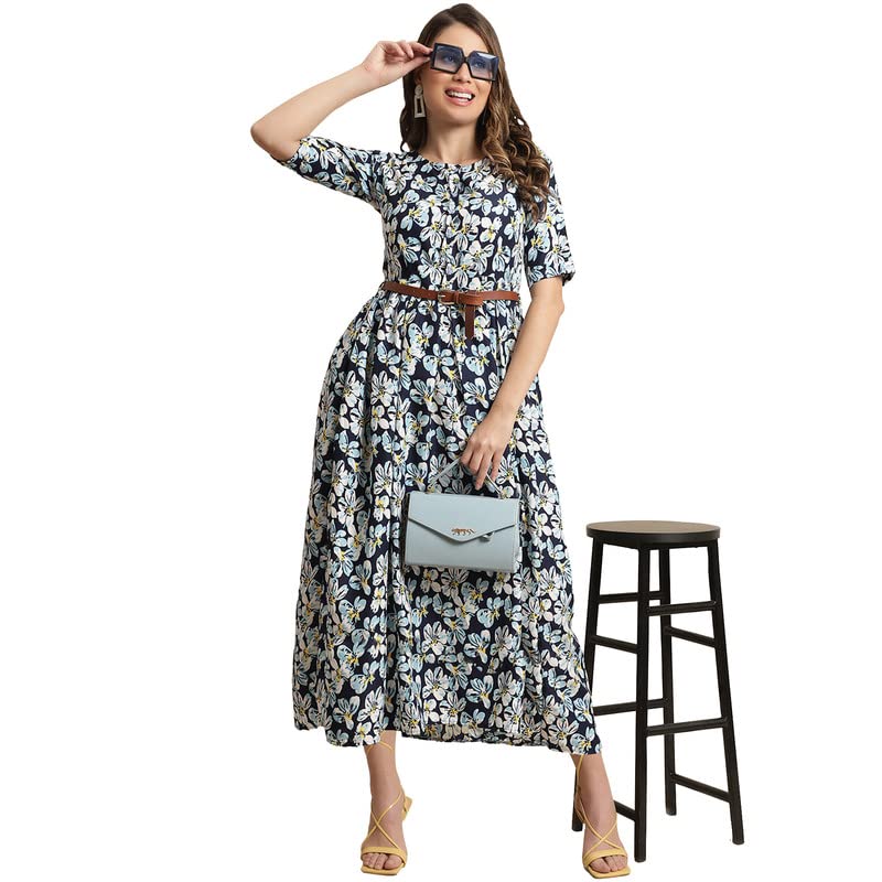 Preneum Women's Rayon Fit And Flare Maxi Partwear Dress, Blue