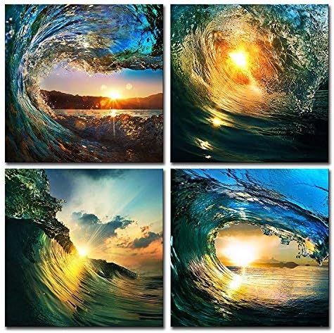 CUFUN Art- Sunrise in Sea Wave Art, Ocean View Painting, Print on Canvas, Wall Decoration, Wrapped with Wooden Frame, Easy to Hang, 4 pieces combination of one set (40cm x 40cm x 4pcs)