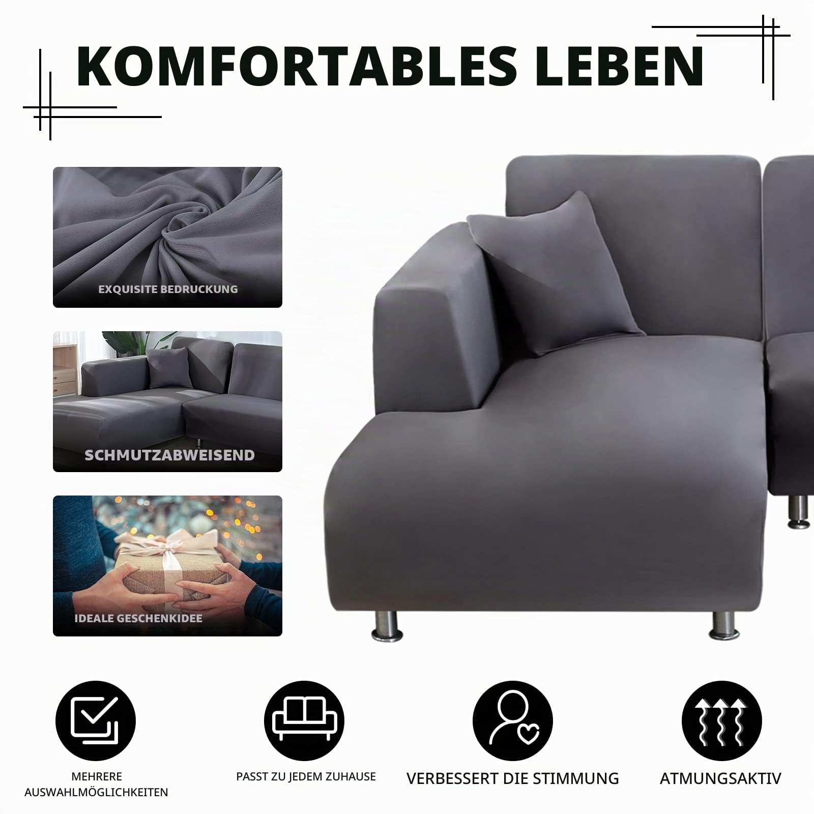 Lydevo Sofabezug Ecksofa L Form Sofa Überwürfe Stretch Sofabezug, Rechts oder Links mit Zwei Kissenbezügen Waschbar Universal-Couchbezug, Sofa Cover L Shape(2 Sitzer+3 Sitzer,Grau)