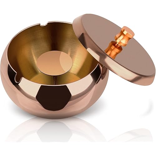 Ashtray, OHFLY Outdoor Ashtray with Lid, Stainless Steel Home Ash Tray Set for Cigarettes, Cool Ashtray for Outside and Indoor Use, Large – Rose Gold