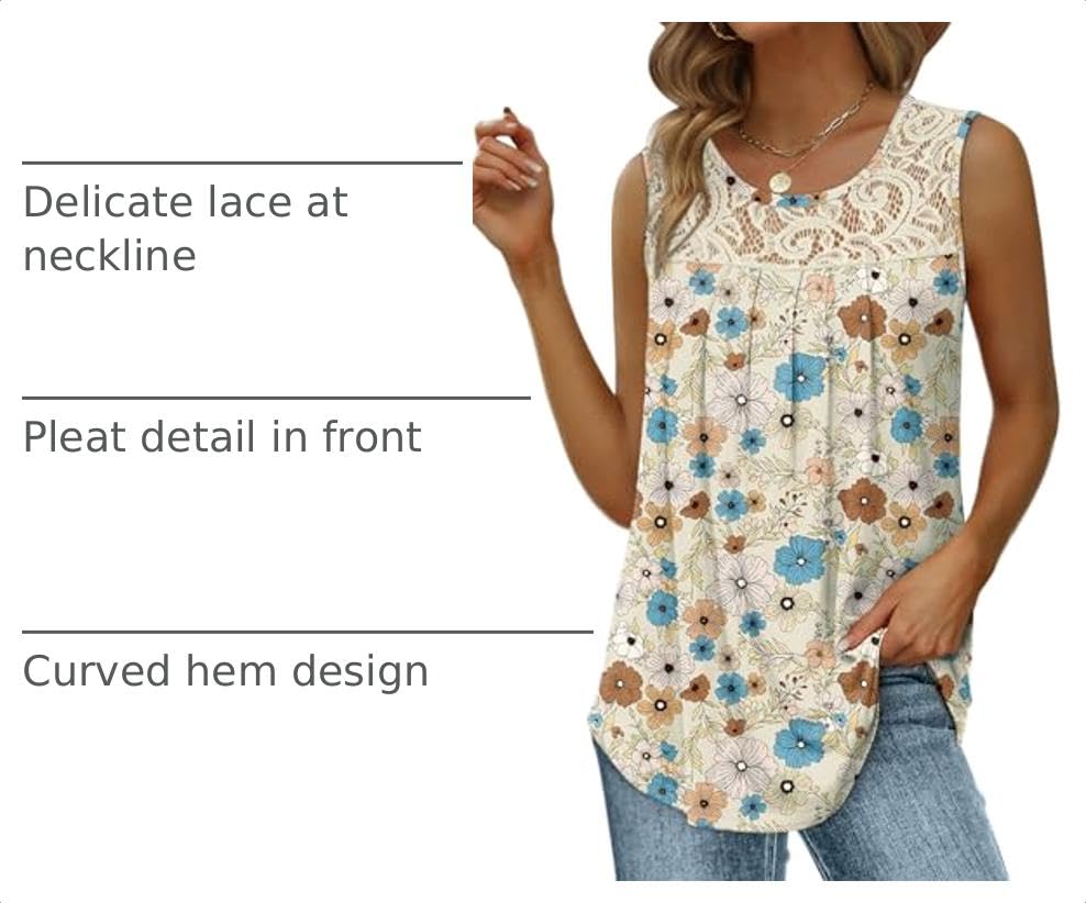 Image of Saloogoe Summer Tank Tops for Women Loose Fit Pleated Tunics Scoop Neck Sleeveless Lace Tops Curved Hem Flowy