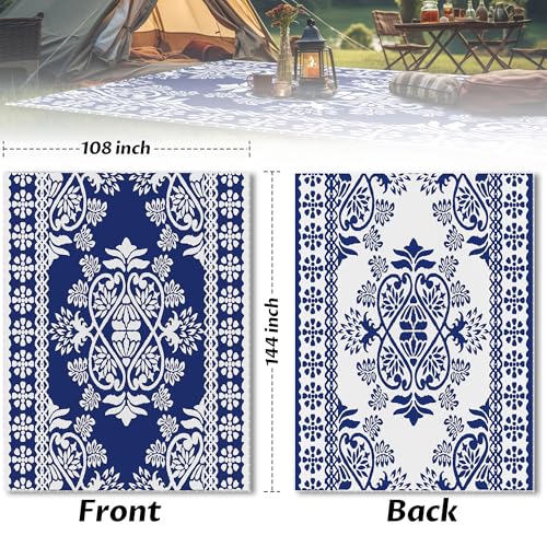 RV Outdoor Rug with Lights 9x12ft, Outdoor Camping Rug, Waterproof, Easy Cleaning, Non Shedding, Foldable and Portable, Reversible Mats for RV, Deck, Beach, Camping, Patio, Picnic (Blue & White)