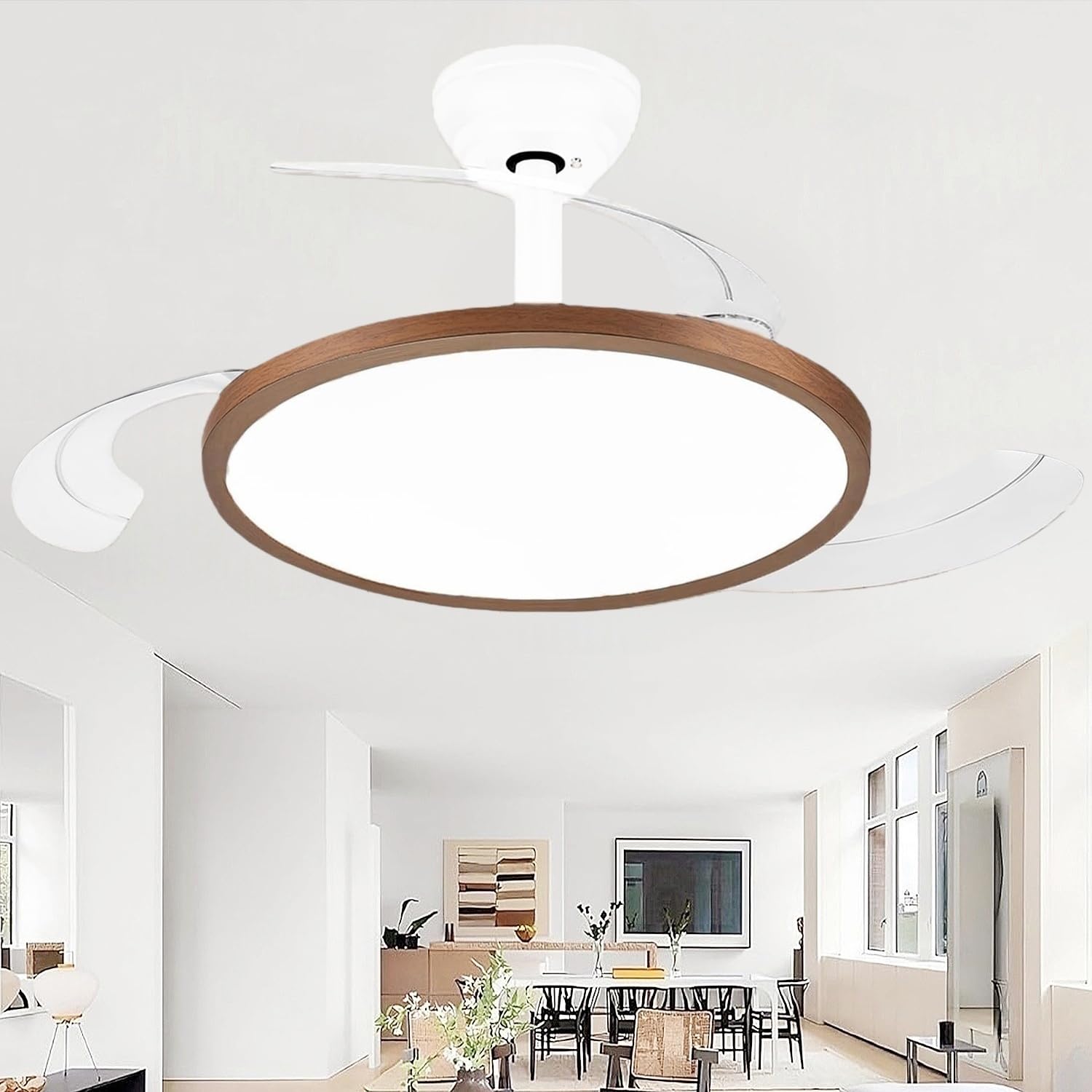 Photo 1 of liangeight 42 Inch Retractable Ceiling Fan with Lights, Fandelier Ceiling Fan for Bedroom Living Room Dinning Room, Chandelier with Fan 6 Speed, 3 Color Temperature, Reversible DC Motor-White
