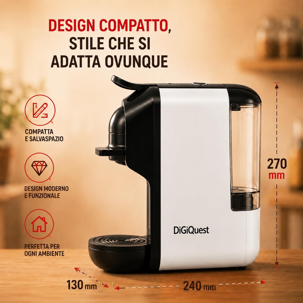 DIGIQUEST Cafetera COFFY WHITE 3 en 1 compatible con Nespresso®, Dolce Gusto® y A Modo Mio® | Café corto y largo | 1450 W de potencia | 0,6 litros | 19 bar | Edición limitada