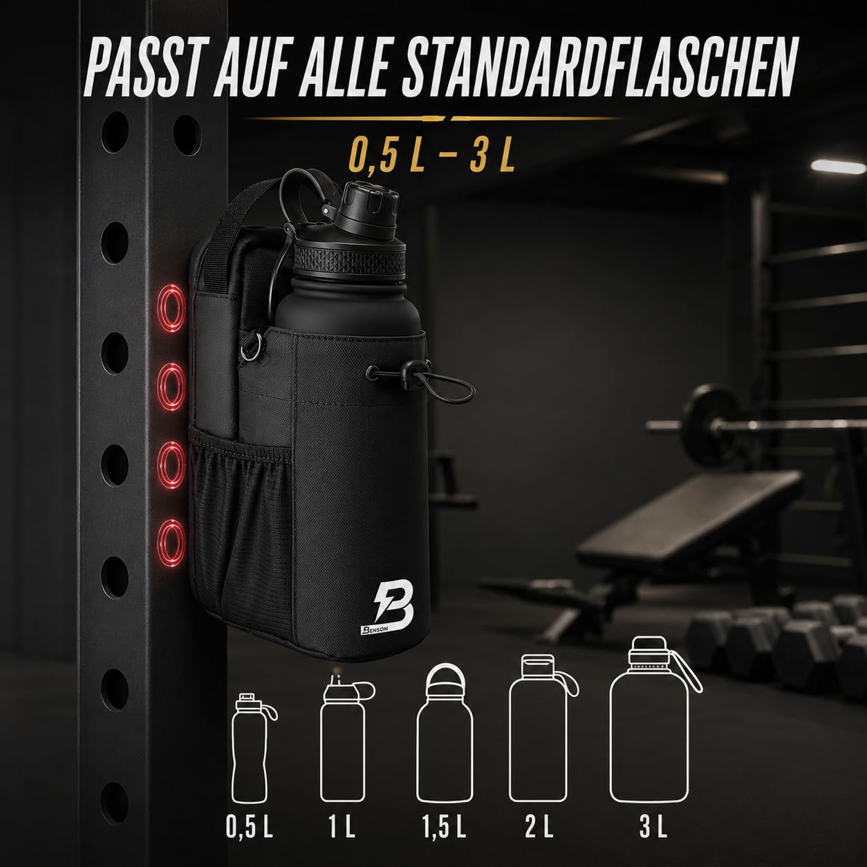 Benson Sac de fitness magnétique - Sac banane avec fixation magnétique puissante - Porte-bouteille pour bouteilles jusqu'à 3000 ml - Compartiment pour téléphone portable - Mousqueton - Pour homme et