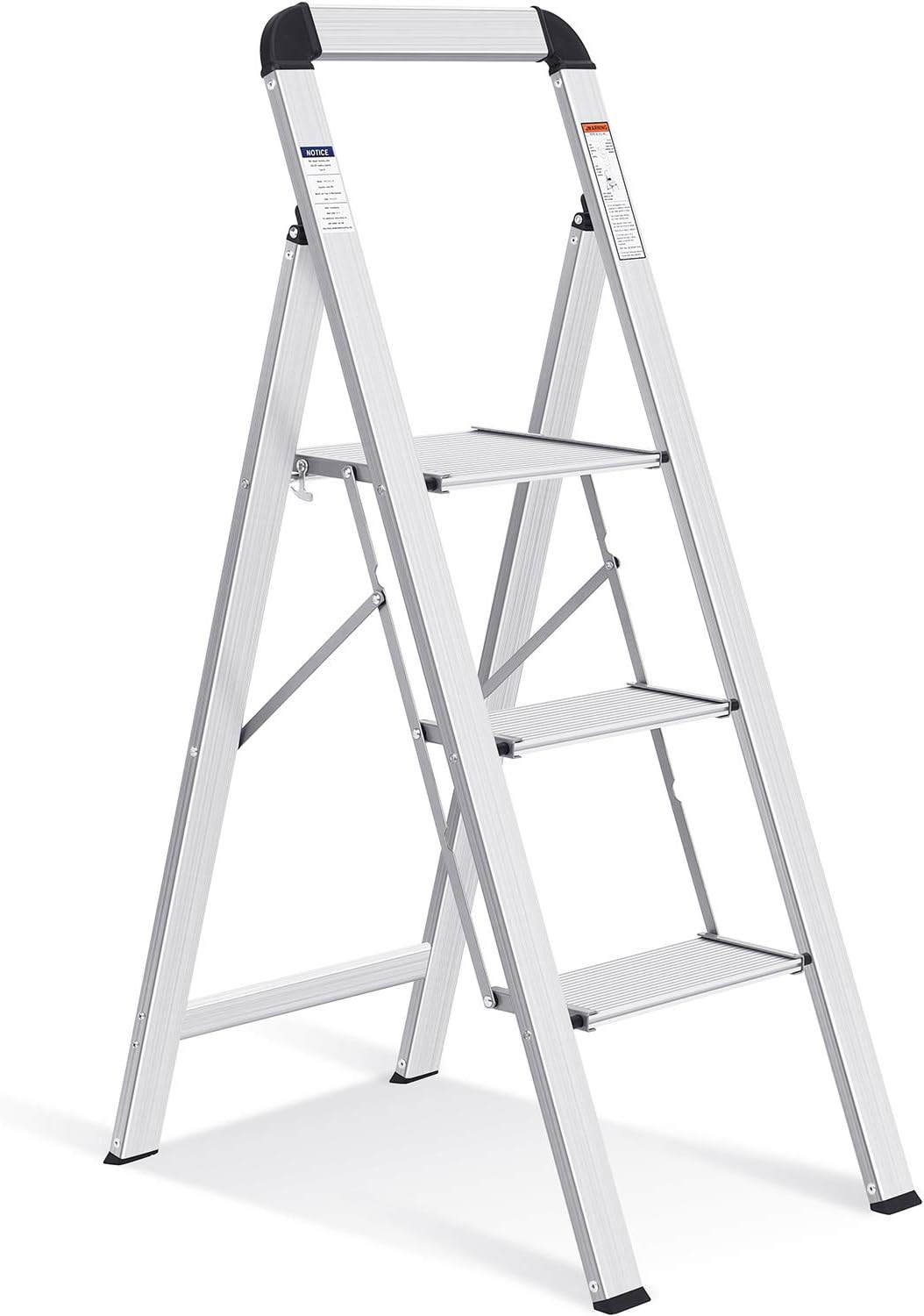 Aluminium 3 Step Ladder, Lightweight Step Stool with Non-Slip Pedals, Handrail, 330 LBS Foldable Step Ladder for Kitchen, Garage, Home, Space Saving, Sturdy and Portable, Silver