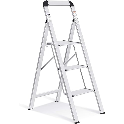 TOOLF 3 Step Ladder, Aluminum Lightweight Folding Step Stool with Utility Handle,3 Anti-Slip Steps,Wide Platform,Great for Your Kitchen, Pantry, Closets, or Home Office,Modern Stool, Indoor (Silver)