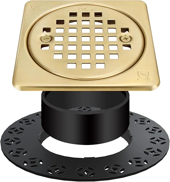 Yaseingoo 4” Drain Grate Kit - Compatible with Schluter Kerdi-Drain Flange - Shower Floor Drain Kit with Adjustable Collar - Removable Square Drain Set - SUS 304 Stainless Steel Grate - Brushed Brass