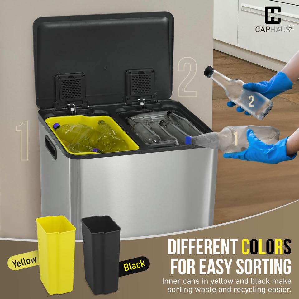 Miniatura 6 de CAPHAUS Bote de basura doble negro con una sola tapa, combo de contenedores de basura y reciclaje, cubo de basura de acero inoxidable manos libres
