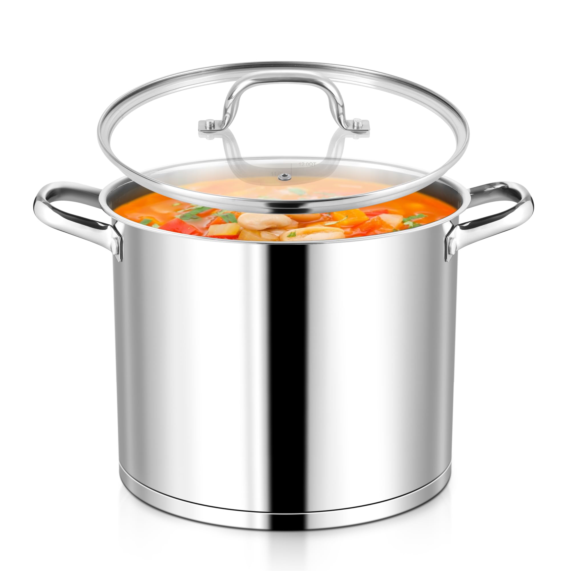 Homikit Olla de acero inoxidable de 9,4 L, para inducción, con tapa de cristal, para sopa, de 3 capas, apta para todo tipo de fuegos, sin revestimiento, altamente pulida y apta para lavavajillas