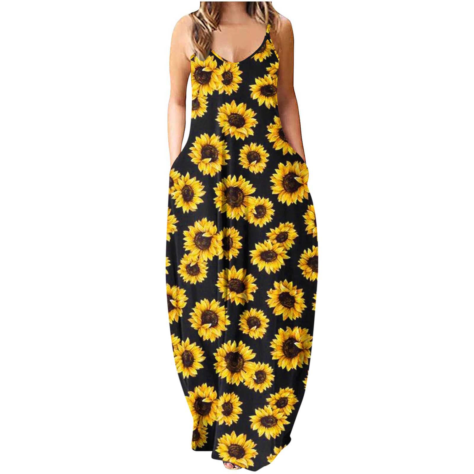 AMhomely Women Casual Plus Size Print O-Neck Sleeveless Pocket Maxi Long Dress UK Size Party Elegant Dress Sale