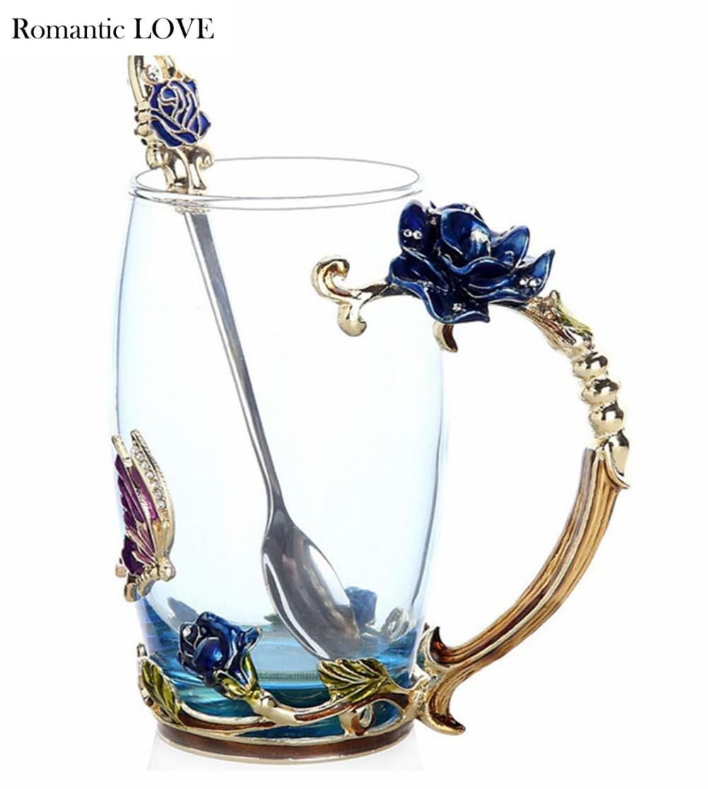 Romantic LOVE Set Mit 2 Ausgefallenen Teetassen, Kaffeetassen Aus Glas, 330 Ml ~ 350 Ml, Klarglastassen Mit Löffel, Set, Muttertagsgeschenke, Rosenblume, Emaille, Geburtstag (blau hoch rot kurz)