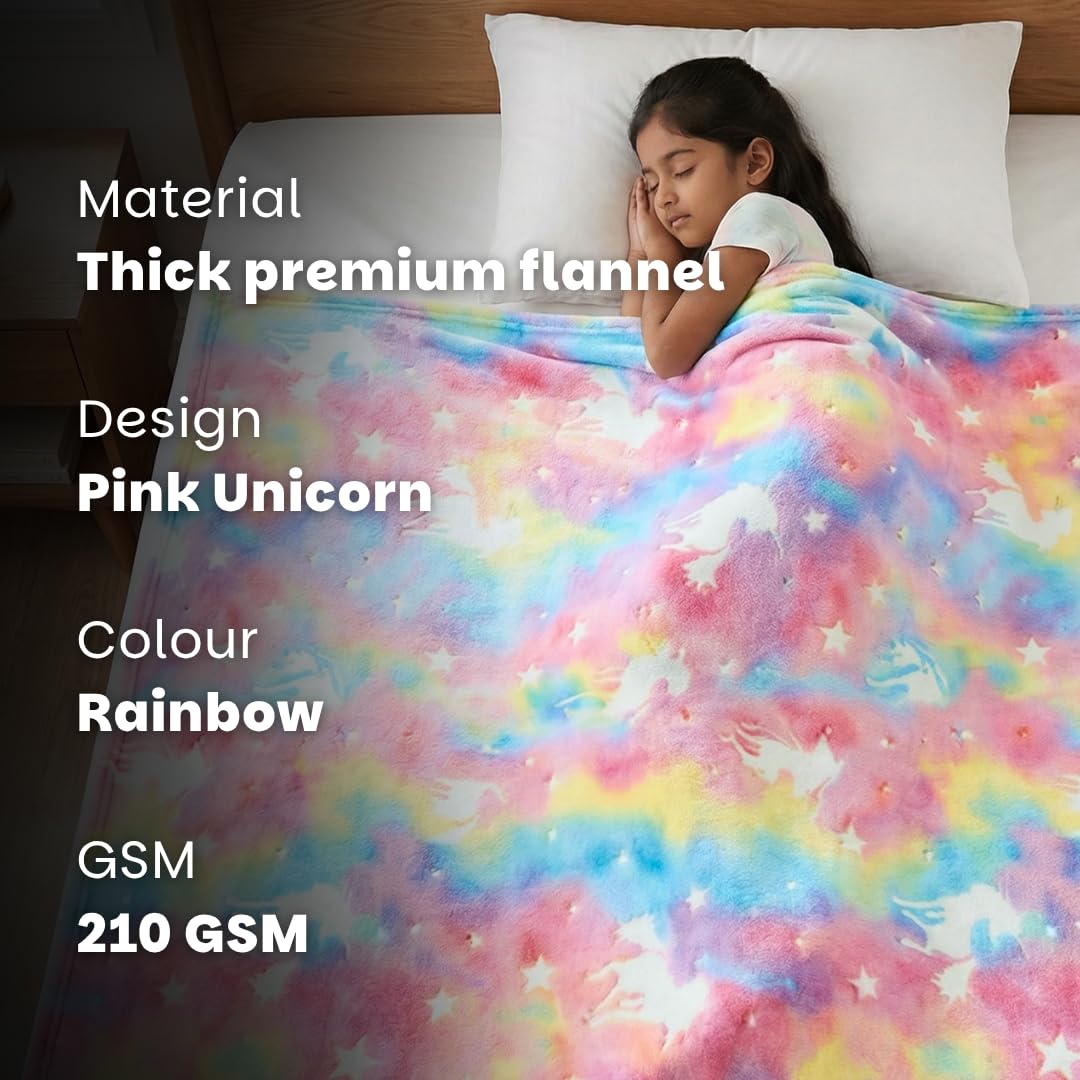 Famyo® Queen Size Glow in The Dark Blanket for Kids - Unicorn | 200x152 cm, 0-15 Years | Soft Flannel Fleece Throw | Cozy & Warm All-Season Glow Blanket | Ideal Gift for Boys & Girls (Pink)