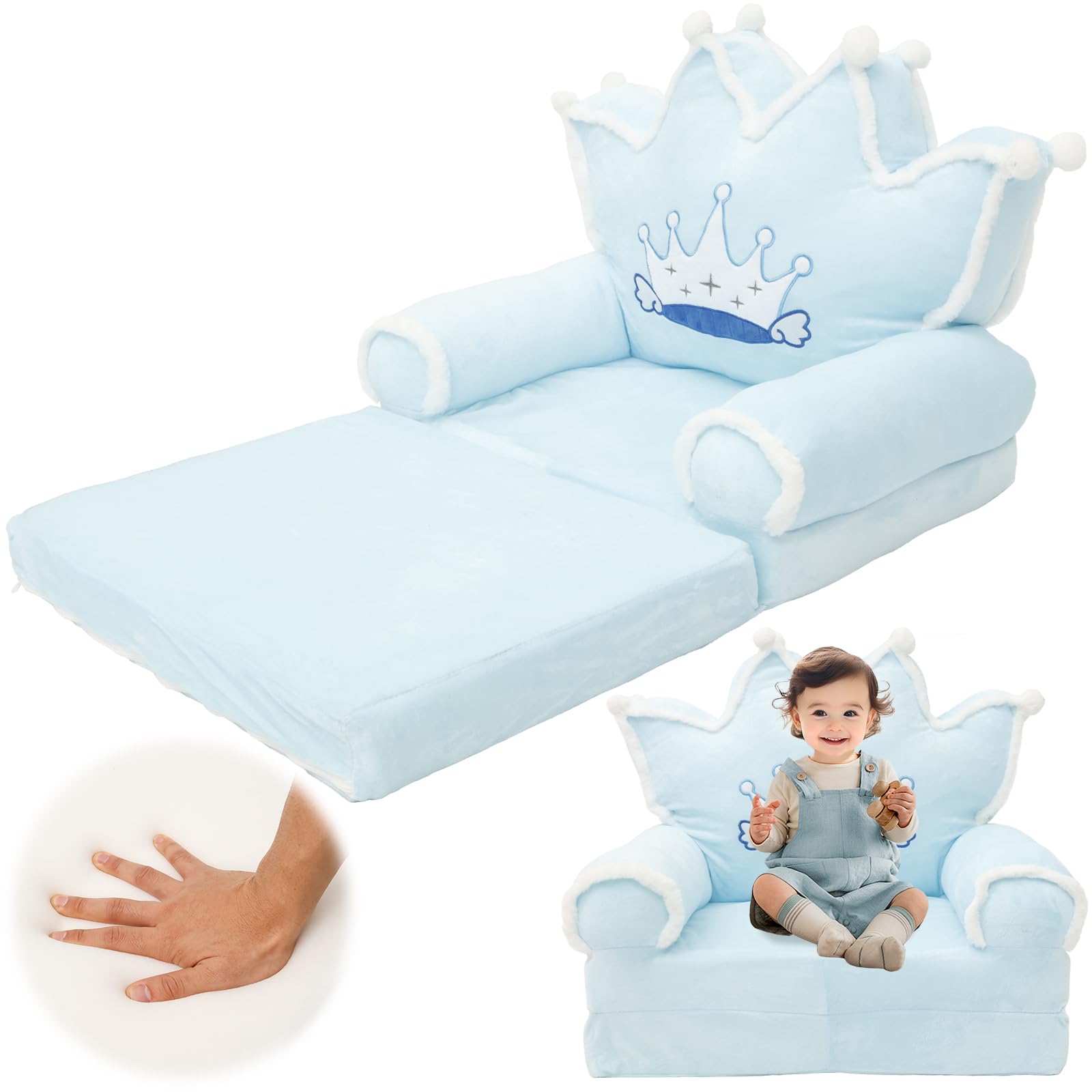 Krzesło dla małych dzieci, wygodna sofa do spania, składana kanapa dla małych dzieci, lekka kanapa dla niemowląt, przenośna kanapa dla dzieci w wieku od 1 do 4 lat (niebieska korona futrzana)