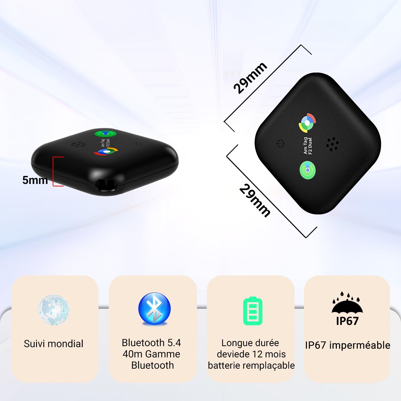 Smart Tag Traceur Lot de 4,Localisateur d'objets Bluetooth Compatible Android et Apple Localise,Tracker Localisateur pour Portefeuilles/Valises/Clés/Bagages,IP67 étanche, Batterie Remplaçable