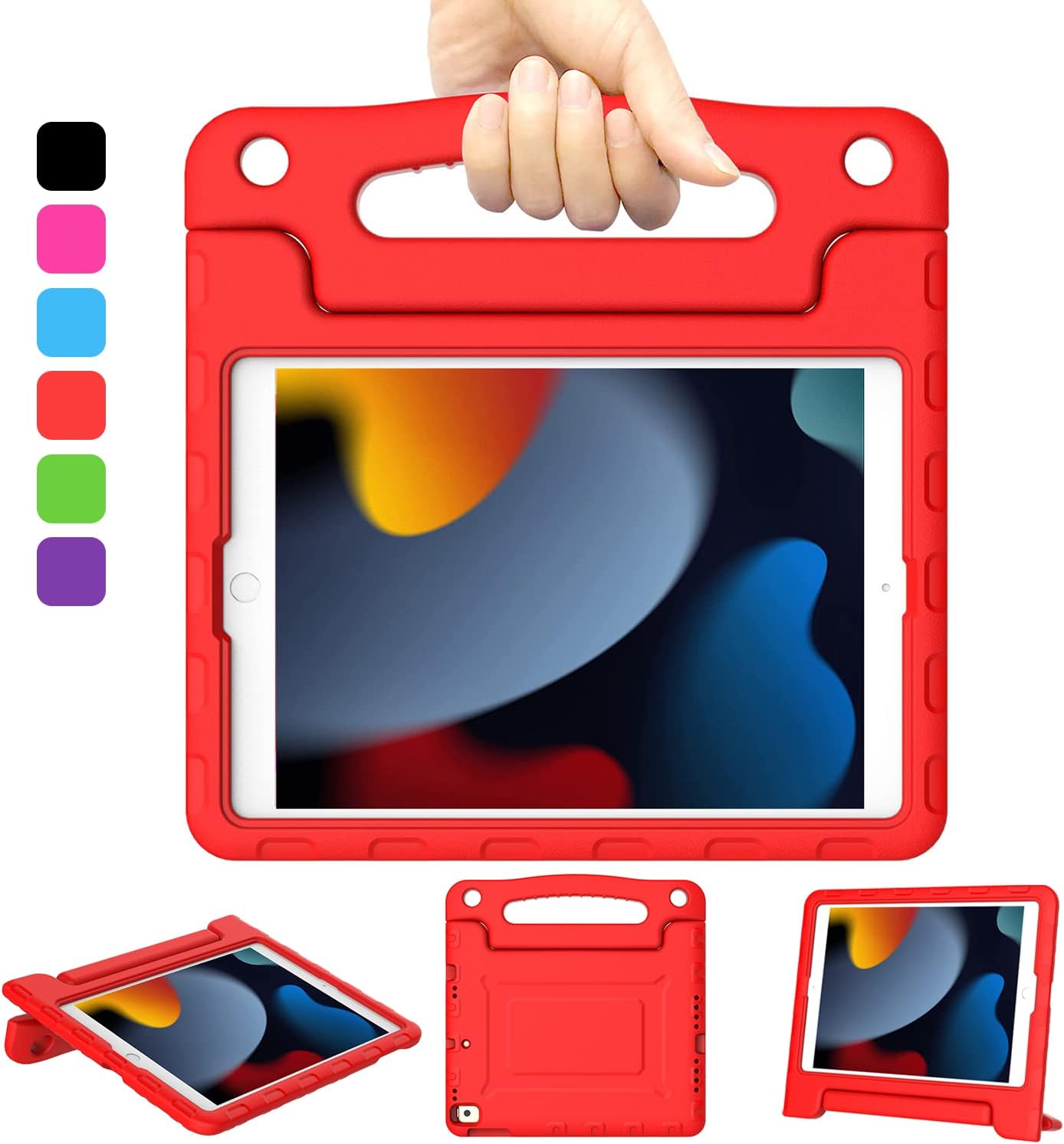 Kamon Kids Case for iPad 10.2, 9th Gen 2021, 8th Gen 2020, 7th Gen 2019, 2017 iPad Pro 10.5, 2019 3rd Gen iPad Air 10.5, Light Weight, Shockproof, Kids Friendly Handle Stand Case (Red)