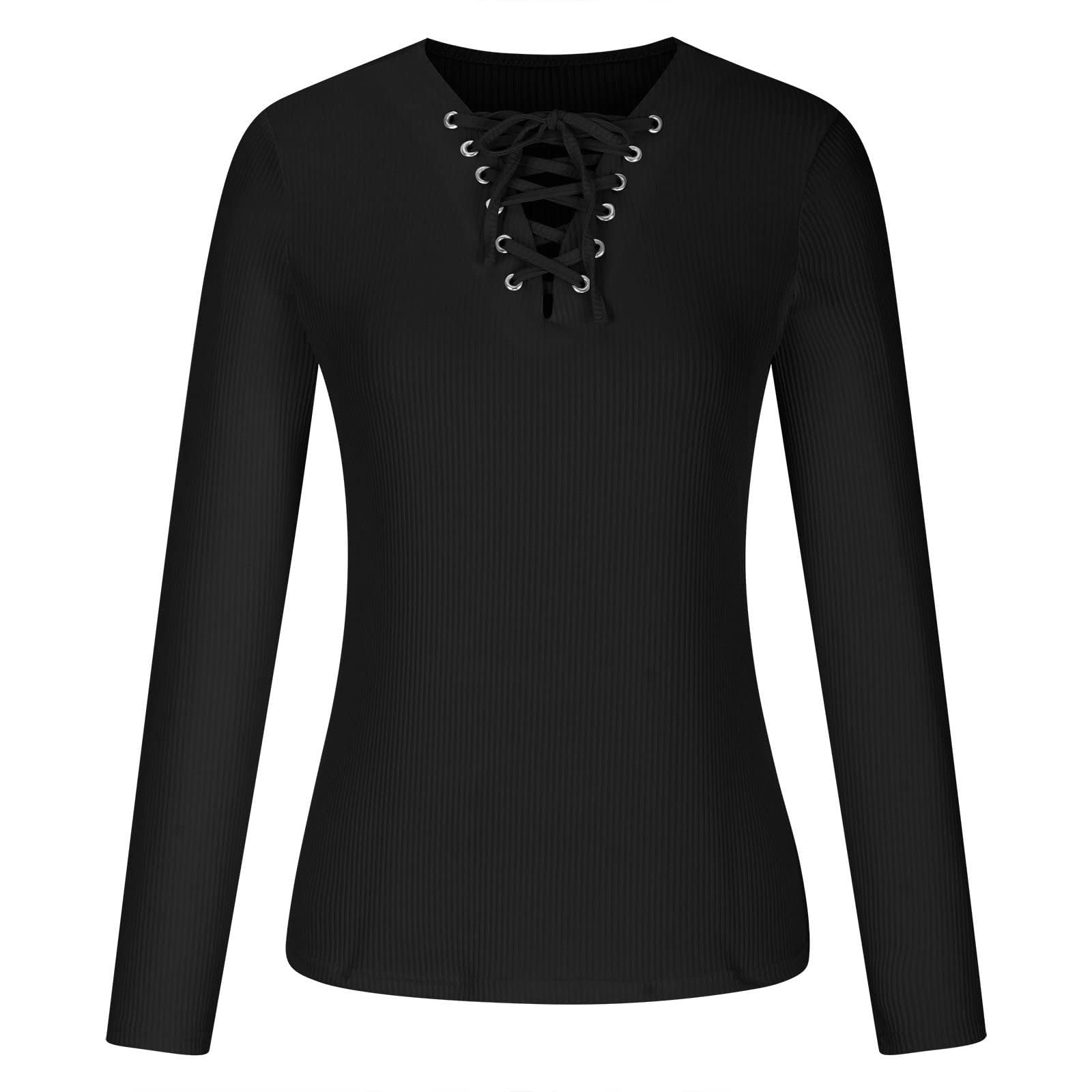 Top da Donna con Lacci sul Davanti Camicetta Sexy con Scollo a V e Coulisse T-Shirt Slim Tinta Unita
