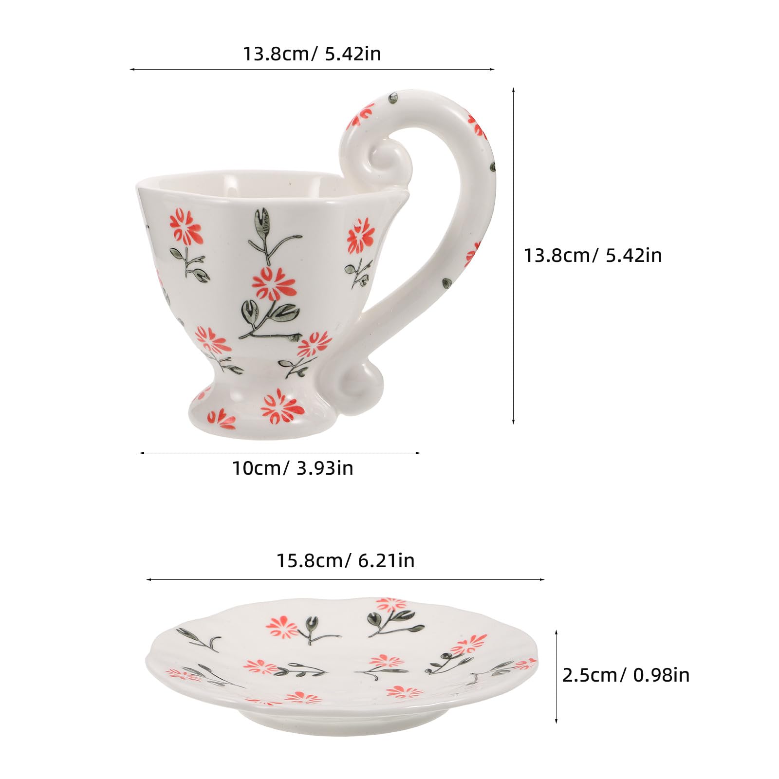 Ensemble de 1 tasse et soucoupe en céramique - Mug à café floral de 200 ml avec anse pour expresso - Tasses et assiettes en porcelaine artisanale pour une fête d'anniversaire
