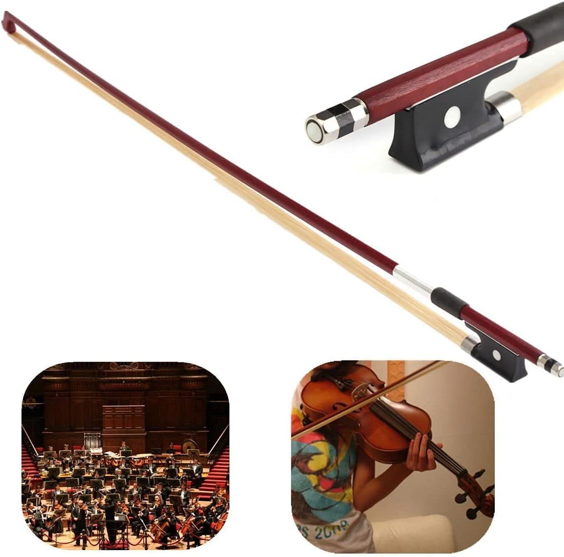 Archet de violon professionnel 1/2 – Bois du Brésil, grenouille en ébène, crin de cheval blanc, fait à la main et équilibré pour les étudiants et les joueurs avancés