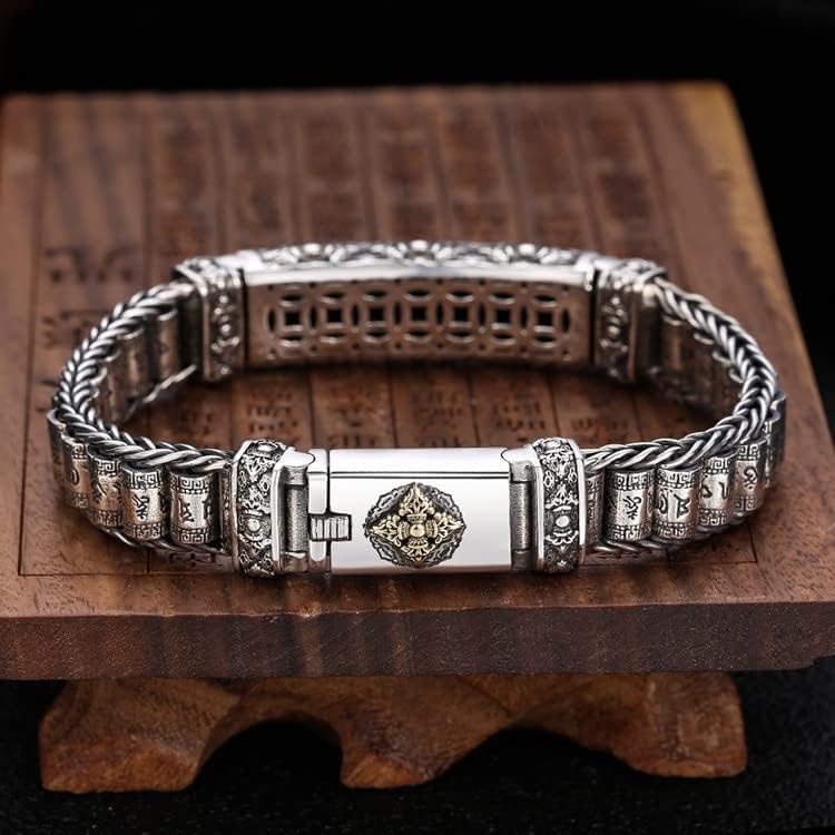 LYGBAOFUL Bracciale Rigido in Argento Sterling, Bracciale retrò, Bracciale Mantra Rotante a Sei Caratteri S925, Bracciale Religioso Uomo Donna, pestello Vajra+Ruota di Preghiera, Regalo di Gioielli