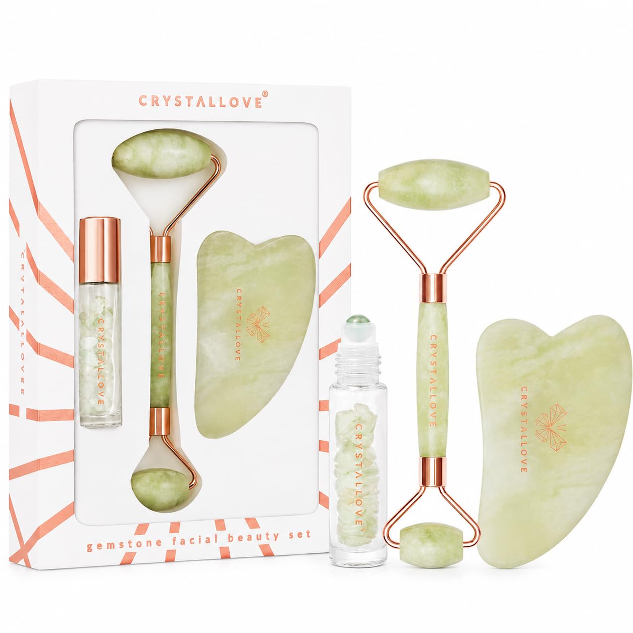CRYSTALLOVE Zestaw z jadeitu roller + gua sha + buteleczka z awenturynem