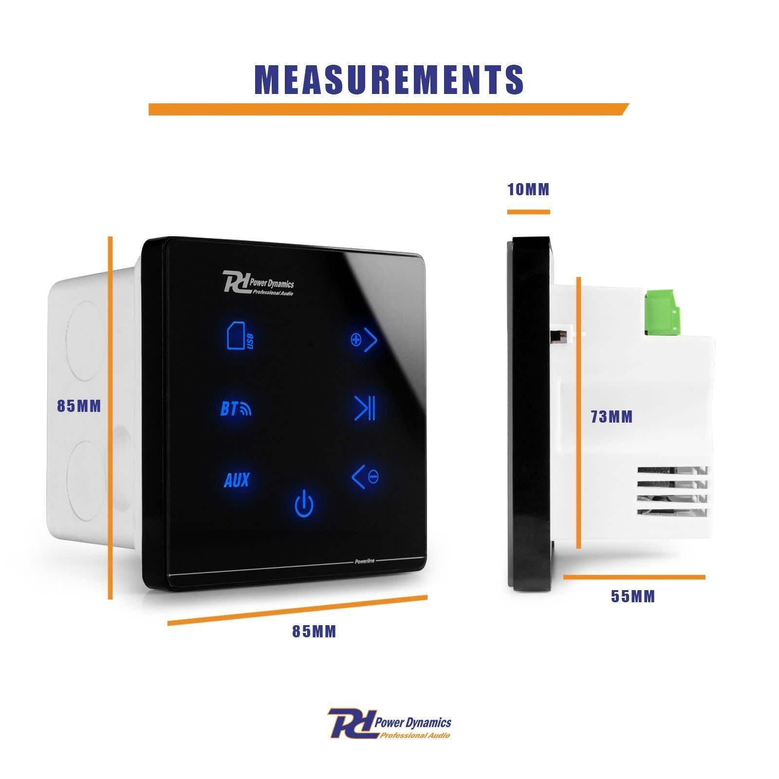 Power Dynamics Powerline A50B Amplificateur Audio Mural 2X 20 Watts, Récepteur sans Fil Bluetooth, USB et Micro SD, Écran Tactile, Livré avec Télécommande, Idéal pour Sonorisation de la Maison