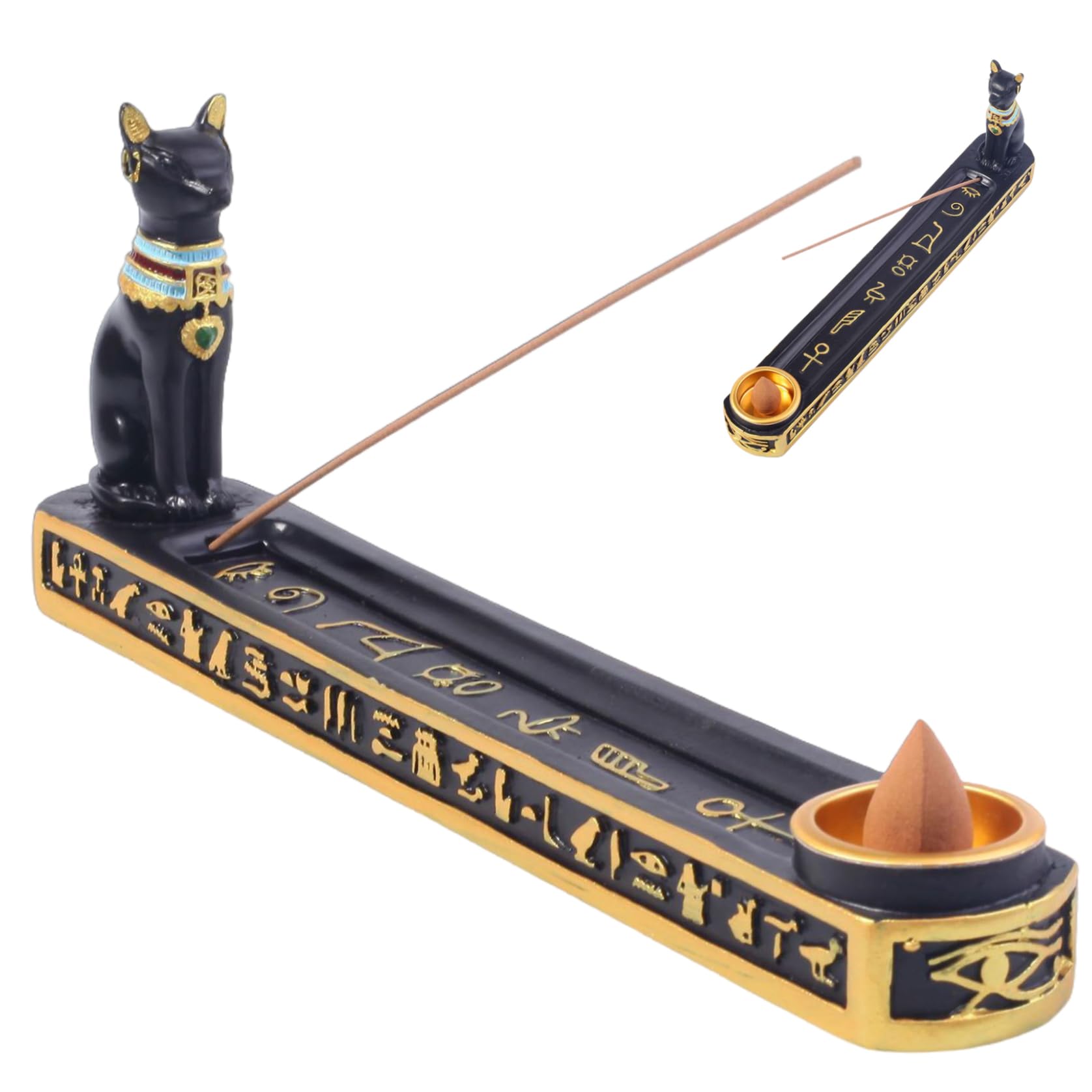Incense Holder for Sticks, 10x3.5x1.5" Incense Holder Egyptian Cat Burner with Ash Catcher, Ancient Resin Burner for Yoga, Meditation, Temple
