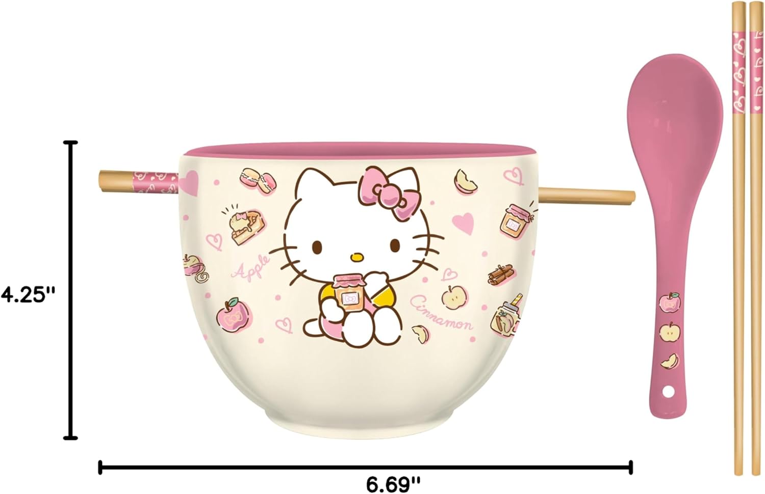 Silver Buffalo Sanrio Hello Kitty Apples and Cinnamon Ceramic Ramen Noodle Rice Bowl with Chopsticks and Spoon, Microwave Safe, 20 Ounces - Image 10