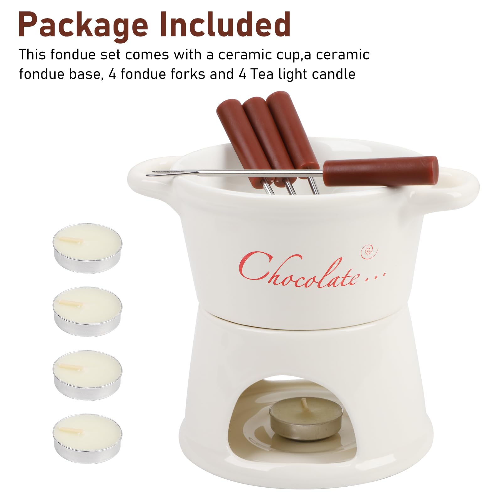 BigKing Tygiel do czekolady i sera, 300 ml, ceramiczny zestaw czekoladowego fondue z 4 widelcami i 4 świeczkami, wyjmowany, mini kubek do fondue do domu, restauracji i kawy