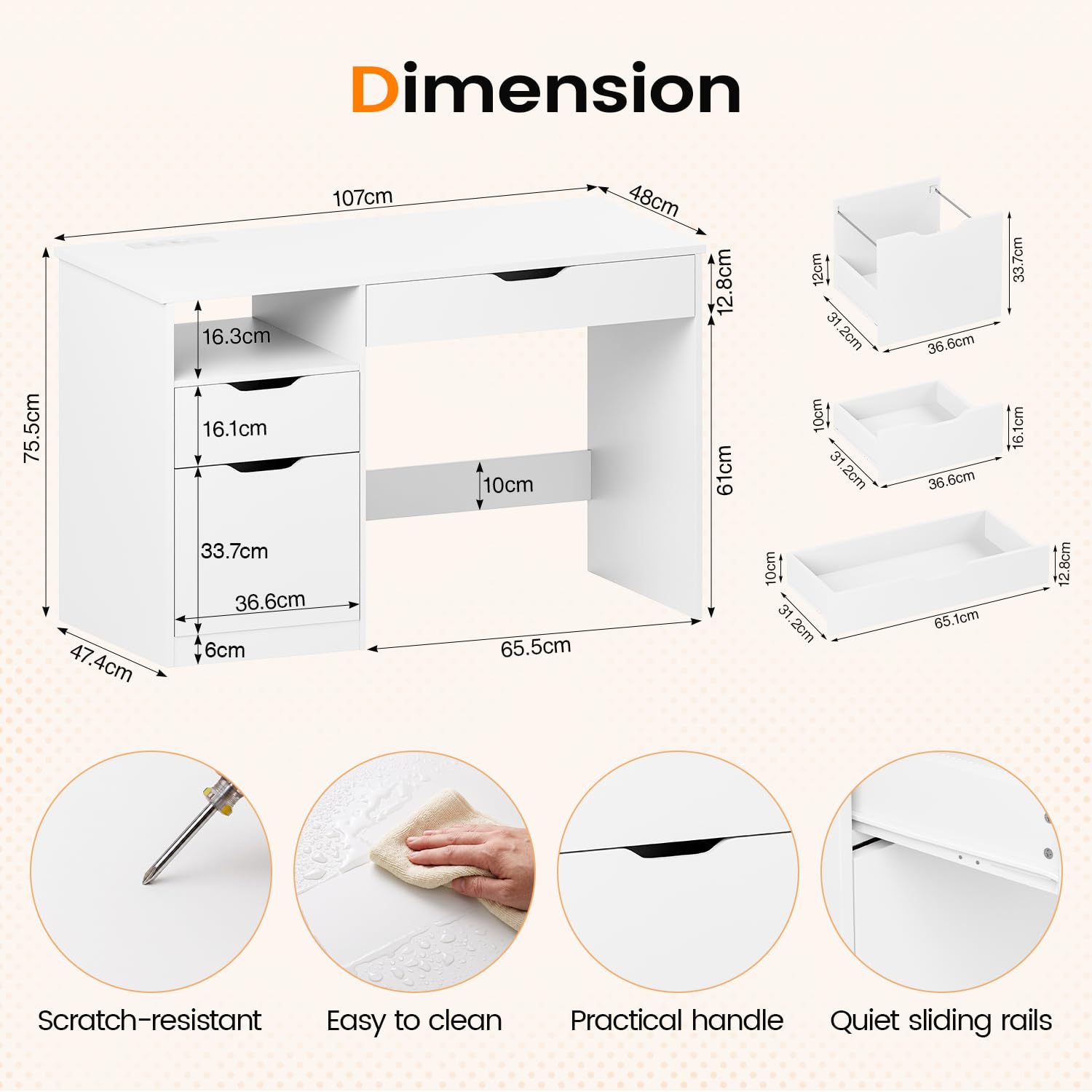 Bureau avec Multiprise, 3 Tiroirs 107 cm, Bureau Enfant avec Rangement