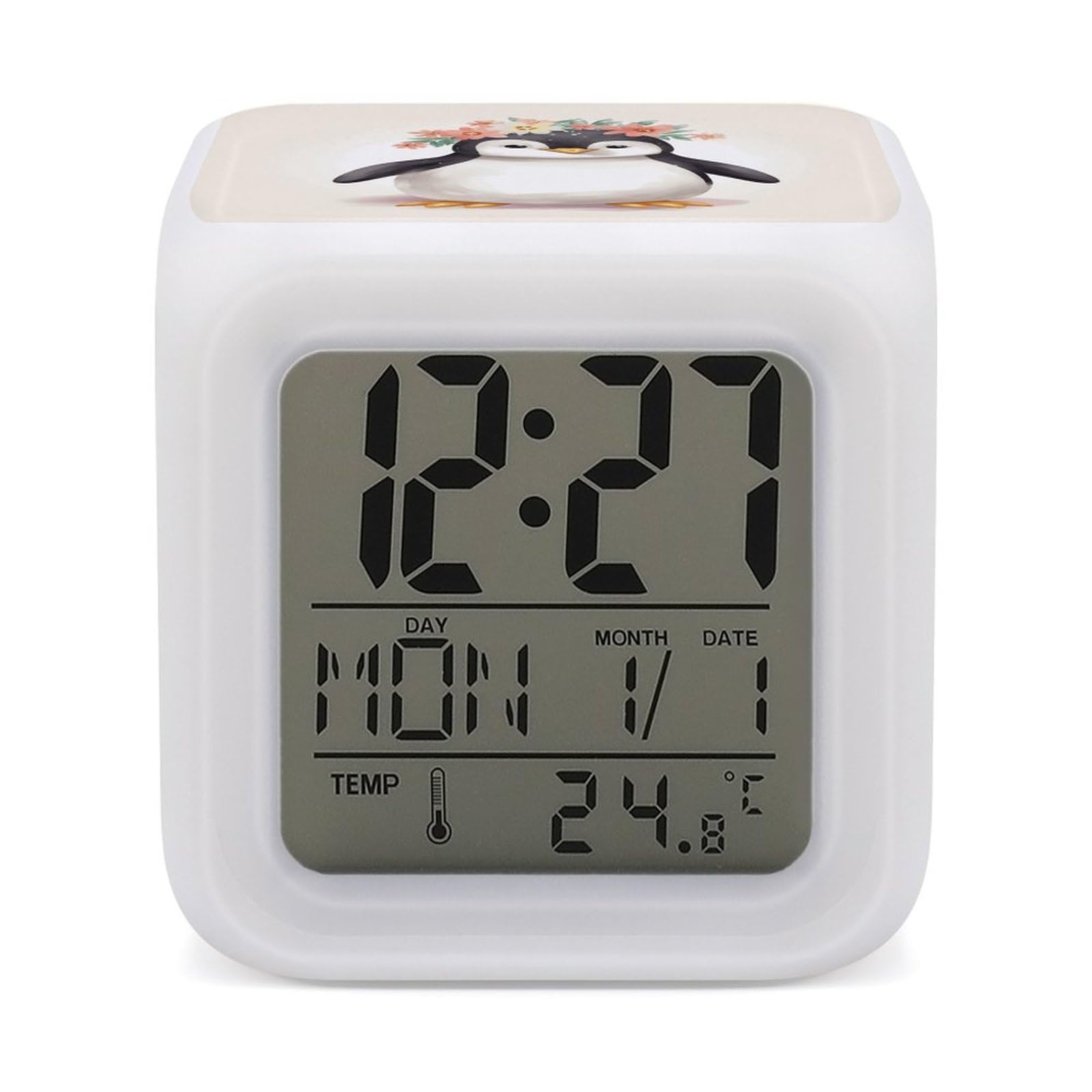 VstaDank Penguin Wearing Flowers Alarm Clocks with 7 Color Changing Night Light Exquisite Bedroom Digital Clocks with LED Temperature Display Desk Clock Ok to Wake Clocks for Heavy Sleeper