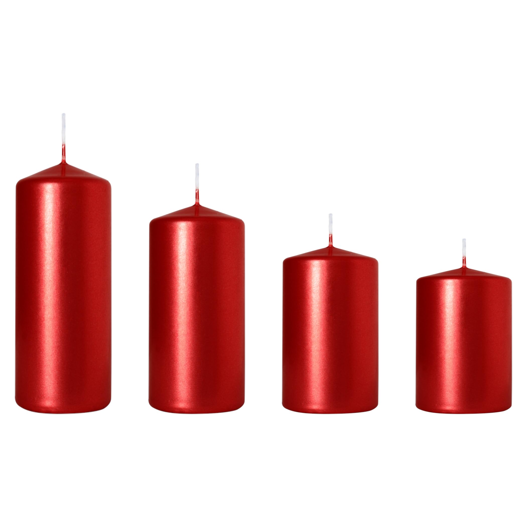 Set of 4 Pillar Candles, Set of 4 Votive Candles, Decorative Household Candles, Unscented, Natural Vegan Wax, Clean Burn, Long Burning Time - Advent Wreath, Christmas, etc. (Red, Metallic)