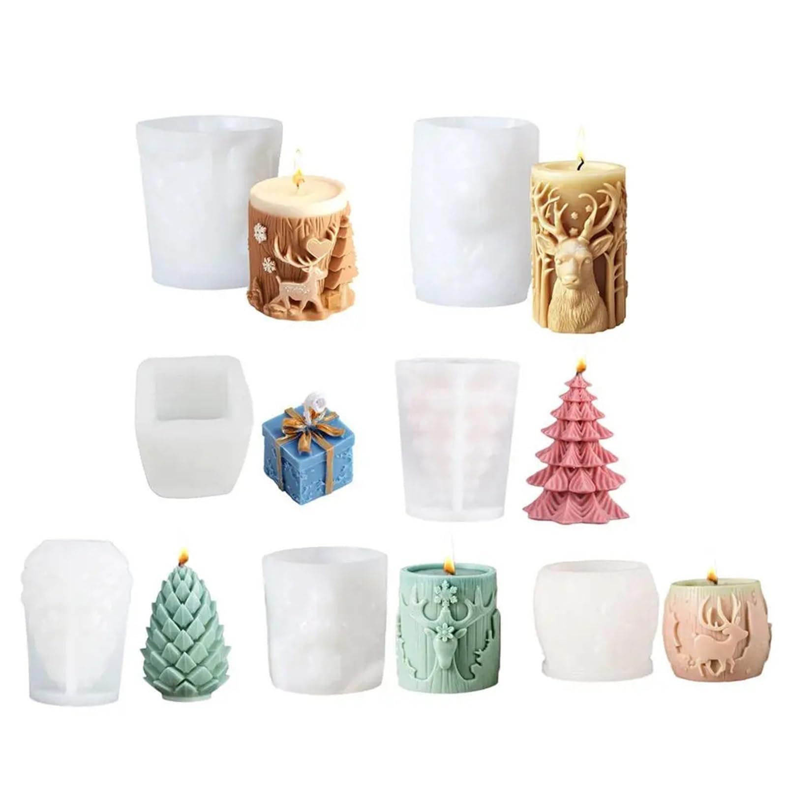 7 Uds. De vela cilíndrica con patrón de tallado árbol Navidad, molde silicona 3D, cilíndrico for alce y copo nieve Reno para Velas(Clear07)