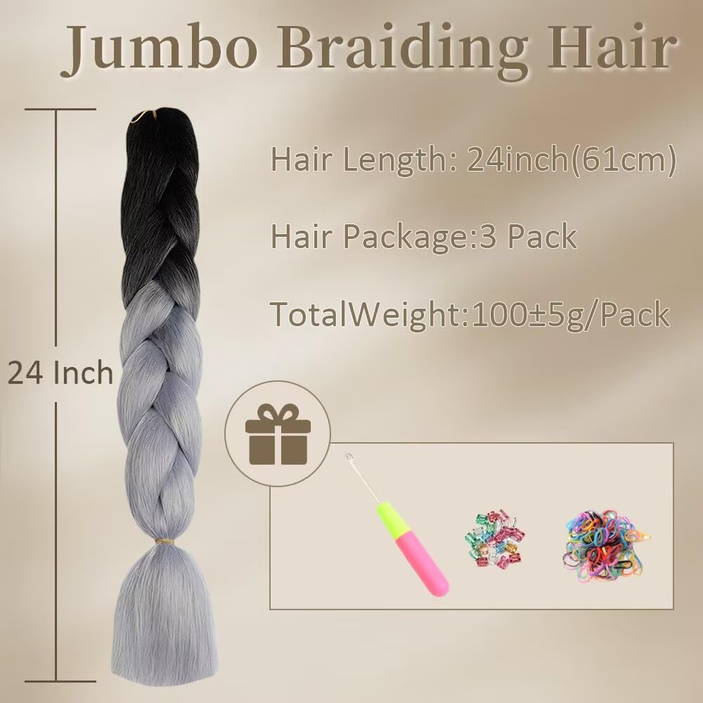 ShowJarlly African Braids Extension 24 Inch Braid Hair Ombre Jumbo Braid Hair Fiber Box Braid for Crochet Twist Braiding Hair (Black + Silver Grey) - 3
