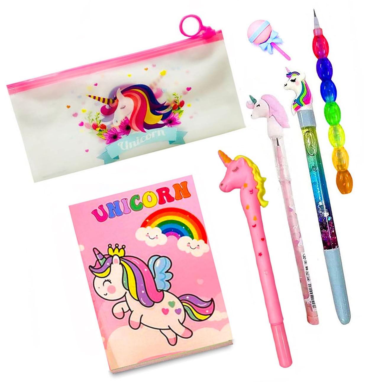 Plastic 7Pcs Unicorn Stationery Set for Girls - Pencil Pouch, Diary, Pen, Pencil, Eraser - Party Favor, Birthday, Navratari Gift (Multicolor)
