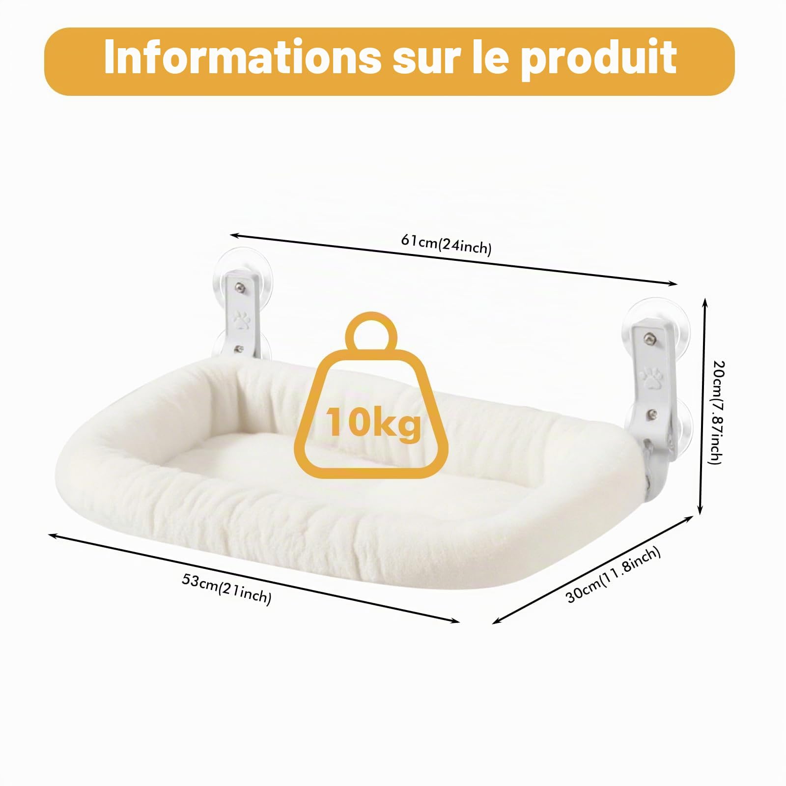 Hamac pour chat : hamac stable pour chat avec housse épaisse amovible, lit pliable pour chat avec ventouses stables jusqu'à 18 kg, blanc