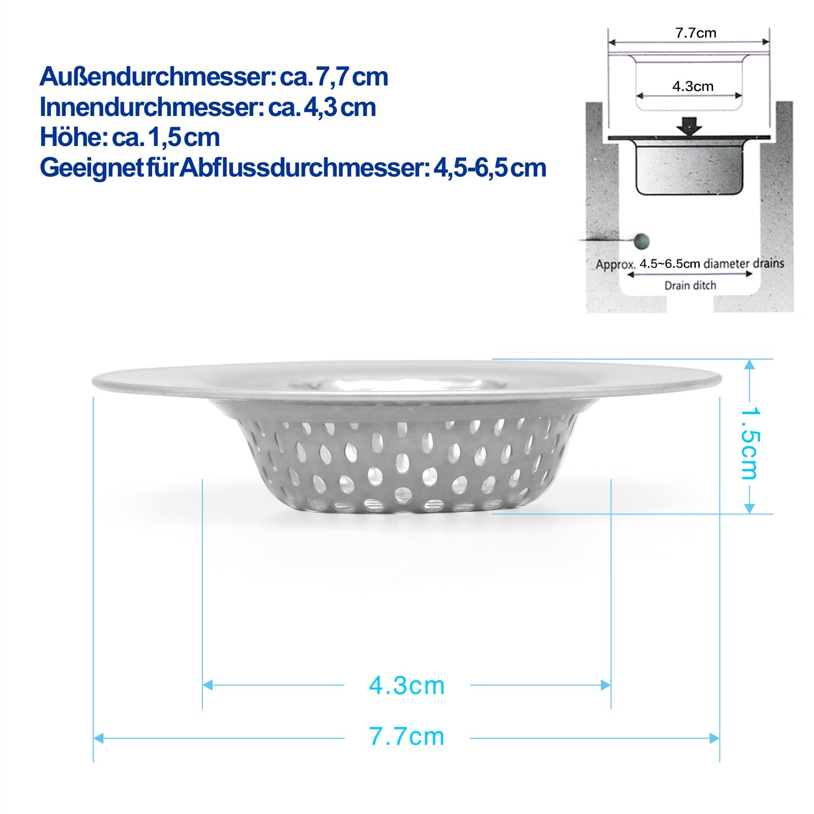 WJUAN 10x Edelstahl Abflusssieb 7cm - Rostfreies Haarsieb Für Waschbecken, Dusche & Küche